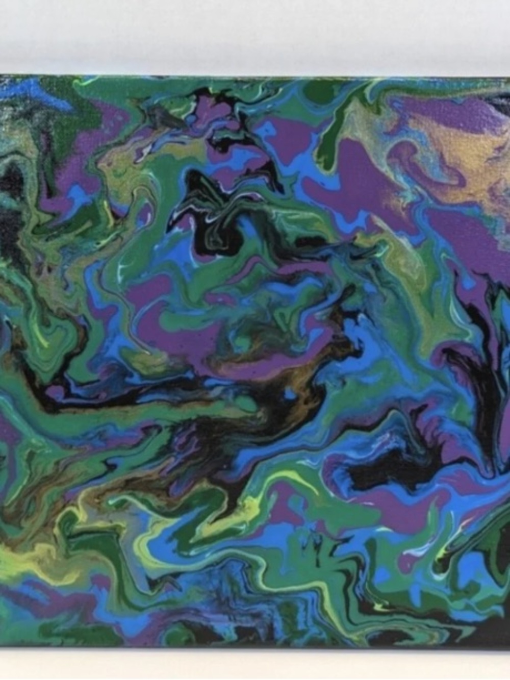 Abstract Fluid Acrylic Art Canvas in Purple, Blue, Black & Green Hand Painted